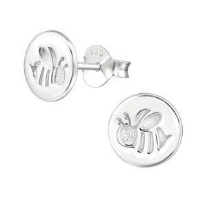Sterling Silver Round Embossed Bee Earrings